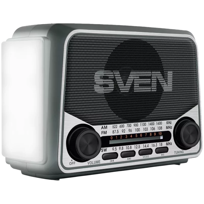 Kaiutin SVEN SRP-150, harmaa (3W, Bluetooth, FM/AM/SW, USB, microSD, taskulamppu, akku)