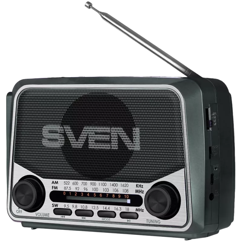 Kaiutin SVEN SRP-150, harmaa (3W, Bluetooth, FM/AM/SW, USB, microSD, taskulamppu, akku)