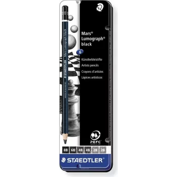 Staedtler Mars Lumograph 100B G6 grafiittikynäsarja – 6 eri kovuusastetta (8B–B), kuusikulmainen, PEFC-sertifioitu