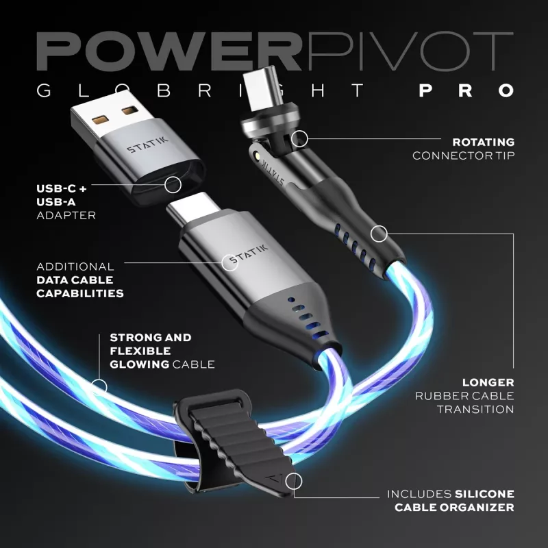 STATIK PowerPivot Pro hehkuva LED-kaapeli USB-C - USB-C 1 m musta