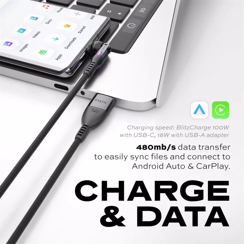 STATIK PowerPivot Pro nailonpunottu kaapeli, USB-C - USB-C, 1 m, musta