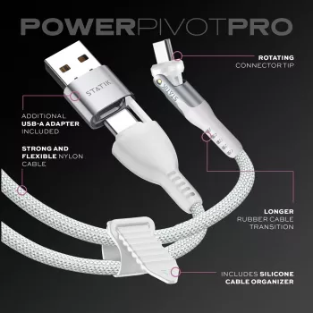 STATIK PowerPivot Pro nailonpunottu kaapeli, USB-C - USB-C, 1 m, valkoinen