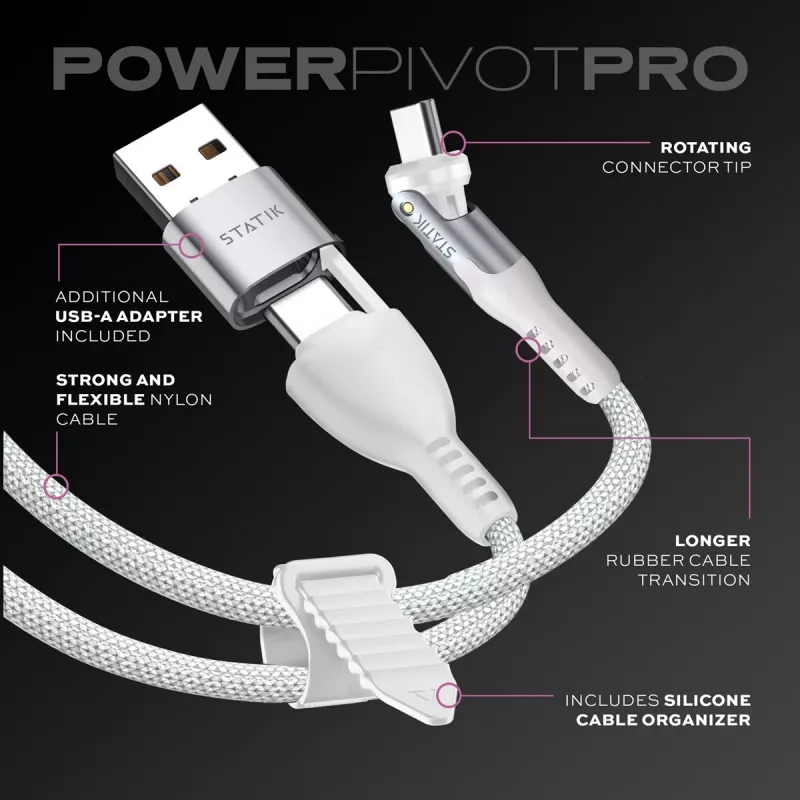STATIK PowerPivot Pro nailonpunottu kaapeli, USB-C - USB-C, 1 m, valkoinen