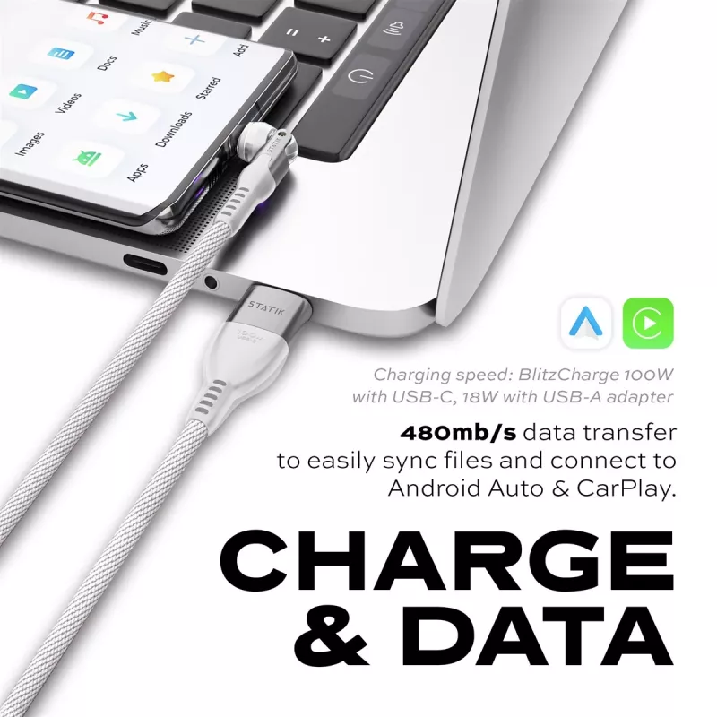 STATIK PowerPivot Pro nylonpunottu kaapeli, USB-C - USB-C, 3m, valkoinen