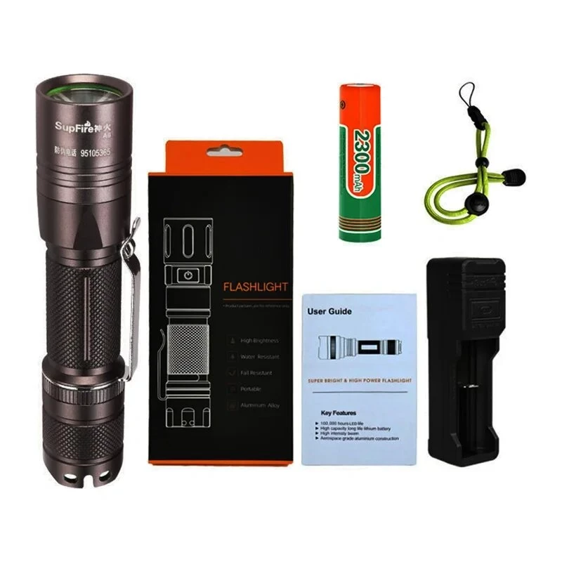 SUPERFIRE A6 -taskulamppu - 1200 lumenia P50 LED, 280 m kantama, USB-ladattava, zoomattava, IP44