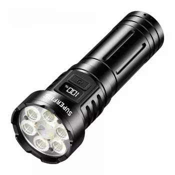 Superfire L24 USB-C ladattava LED-taskulamppu, 2500 lumenia, 500 m valaisuetäisyys, IP44, musta