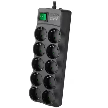 SVEN SF-10E-16 ylijännitesuojattu pistorasia, 10 pistorasiaa, 16A, 3,6kW, 1,8m, musta