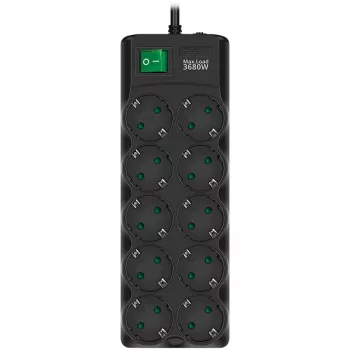 SVEN SF-10E-16 ylijännitesuojattu pistorasia, 10 pistorasiaa, 16A, 3,6kW, 1,8m, musta