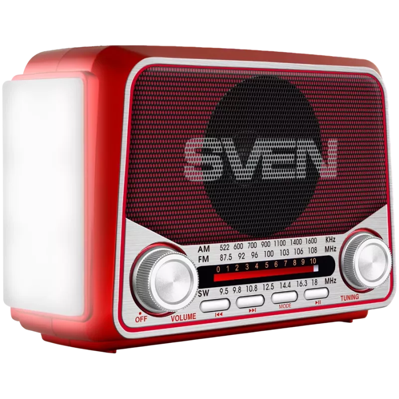 SVEN SRP-150 kannettava kaiutin, punainen (3W, Bluetooth, FM/AM/SW, USB, microSD, taskulamppu, akku)
