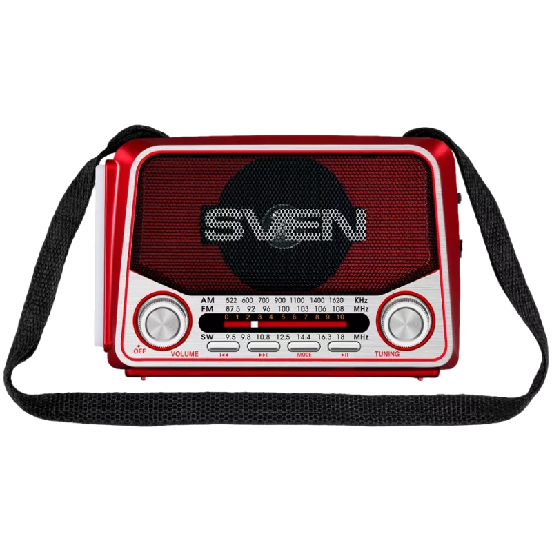 SVEN SRP-150 kannettava kaiutin, punainen (3W, Bluetooth, FM/AM/SW, USB, microSD, taskulamppu, akku)