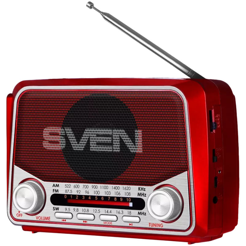 SVEN SRP-150 kannettava kaiutin, punainen (3W, Bluetooth, FM/AM/SW, USB, microSD, taskulamppu, akku)