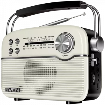 SVEN SRP-500 kannettava Bluetooth-kaiutin, valkoinen (3W, FM/AM/SW-radio, USB, microSD, AUX, akku)