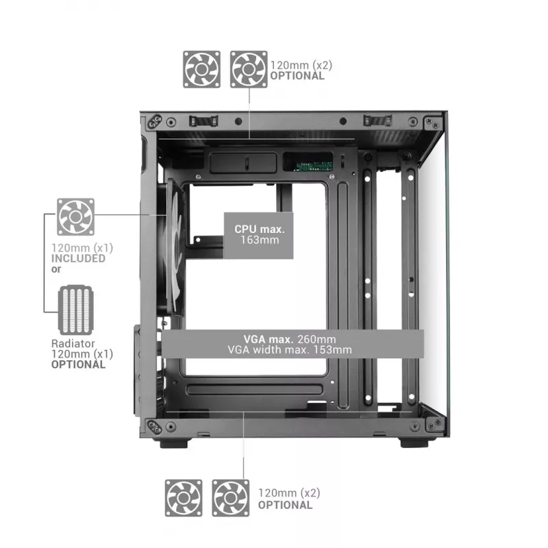 TACENS MARS MC-CUBE Micro-ATX kotelo, musta, Tempered Glass, ARGB, USB-C