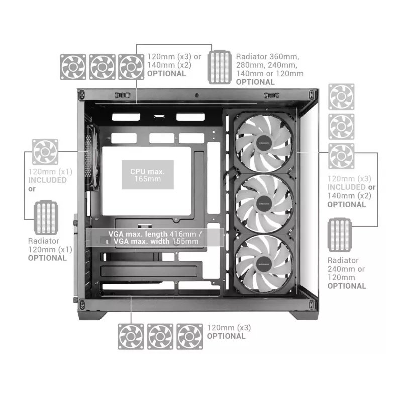 TACENS MARS MC-V5 4xARGB USB-C ATX Mid-Tower kotelo karkaistulla lasilla