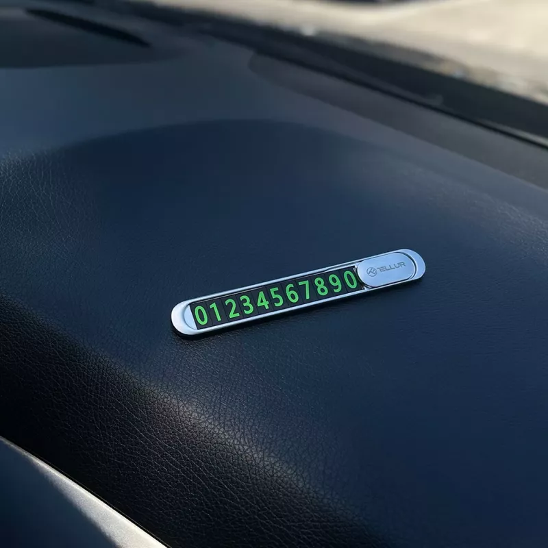 Tellur tilapäinen pysäköintikortti puhelinnumerolla, metallinen hopea