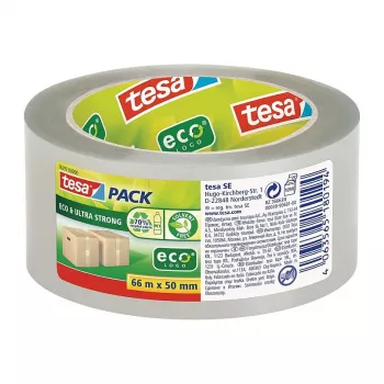 Tesa 58297-00000-01 läpinäkyvä PVC-pakkausnauha, 66 m x 50 mm, luonnonkumiliima, 60 N vetolujuus, 1 rulla
