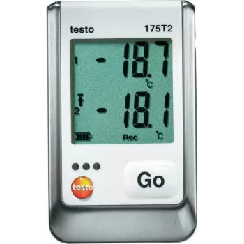 TESTO 175 T2 lämpötiladataloggeri, 2-kanava NTC, 1 miljoona mittausta, -35...+55 °C sisäinen, -40...+120 °C ulkoinen, IP65, USB-liitäntä, LCD-näyttö 0572 1752
