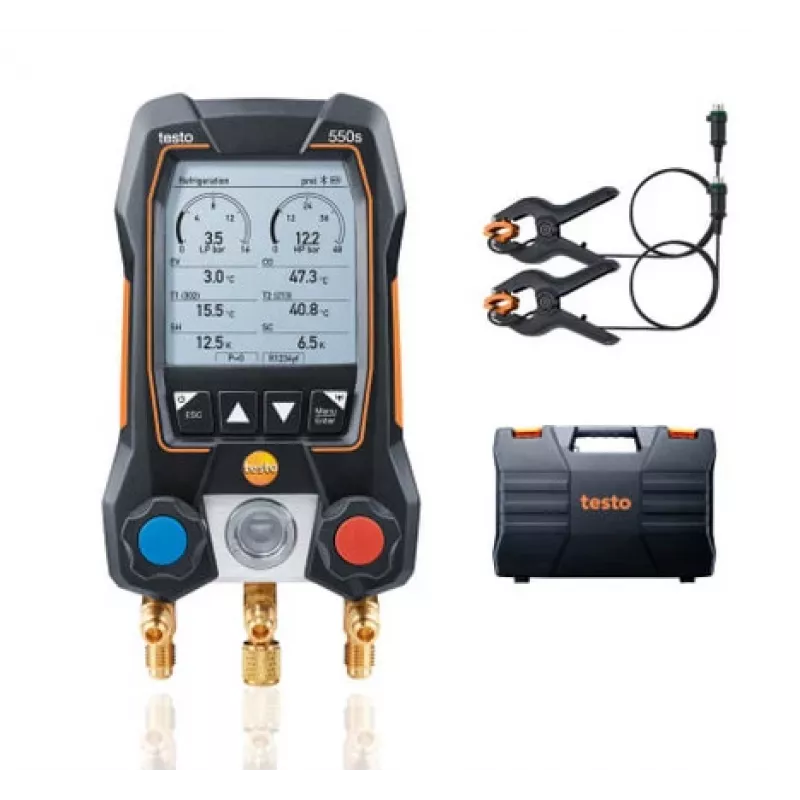 testo 550s digitaalinen manifold-mittarisarja Bluetoothilla ja 2 langattomalla puristuslämpötila-anturilla (0564 5501)