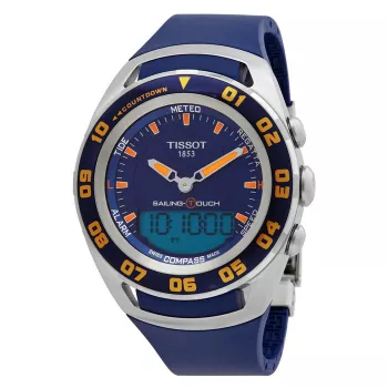 TISSOT T-Touch II miesten kello T056420270410 - 45 mm titaanikotelo, sininen kumiranneke, sveitsiläinen kvartsikronografi korkeusmittarilla, barometrilla, kompassilla ja lämpömittarilla