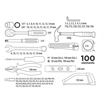 Top Tools 100-osainen hylsy- ja työkalusarja 1/4 tuuman ja 3/8 tuuman vääntiöllä, kromivanadiiniterästä, 72-hampainen räikkä ja muovilaukku