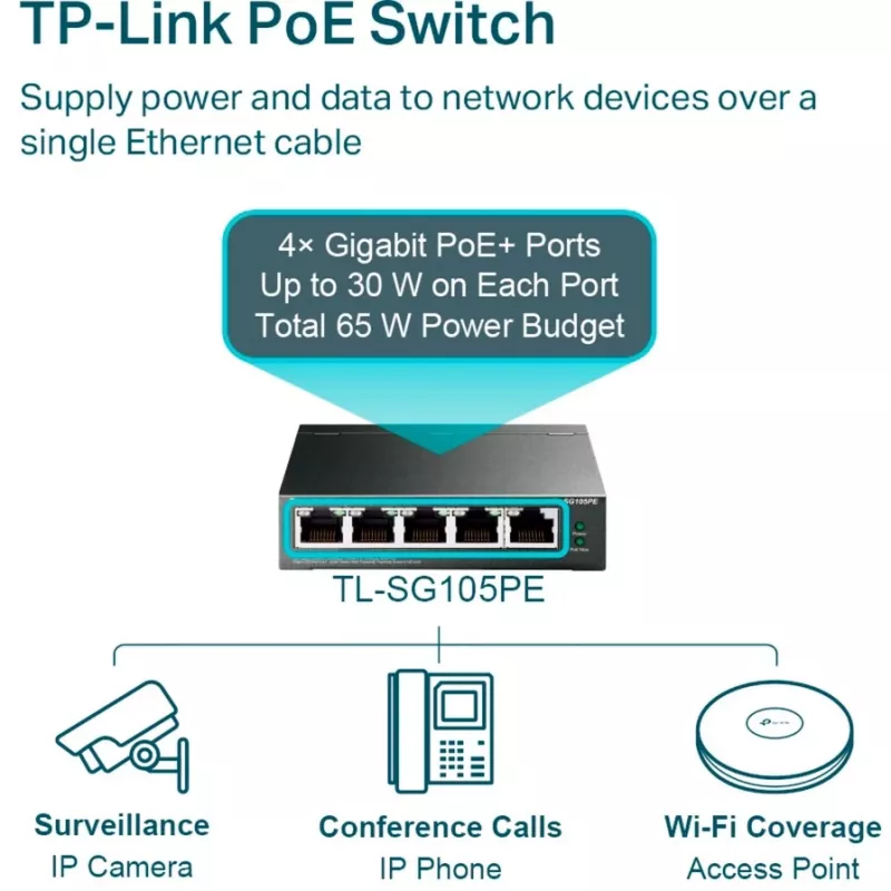 TP-Link TL-SG105PE Easy Smart Gigabit -kytkin 4-porttisella PoE+:lla