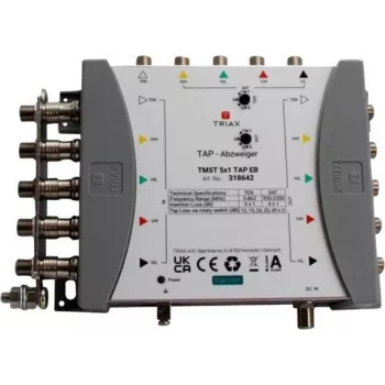 TRIAX TMST 5x1 TAP multiswitch 4 dB haarotusvaimennuksella, 5 satelliittituloa, maanpäällinen tulo, 4 tilaajalähtöä 318642