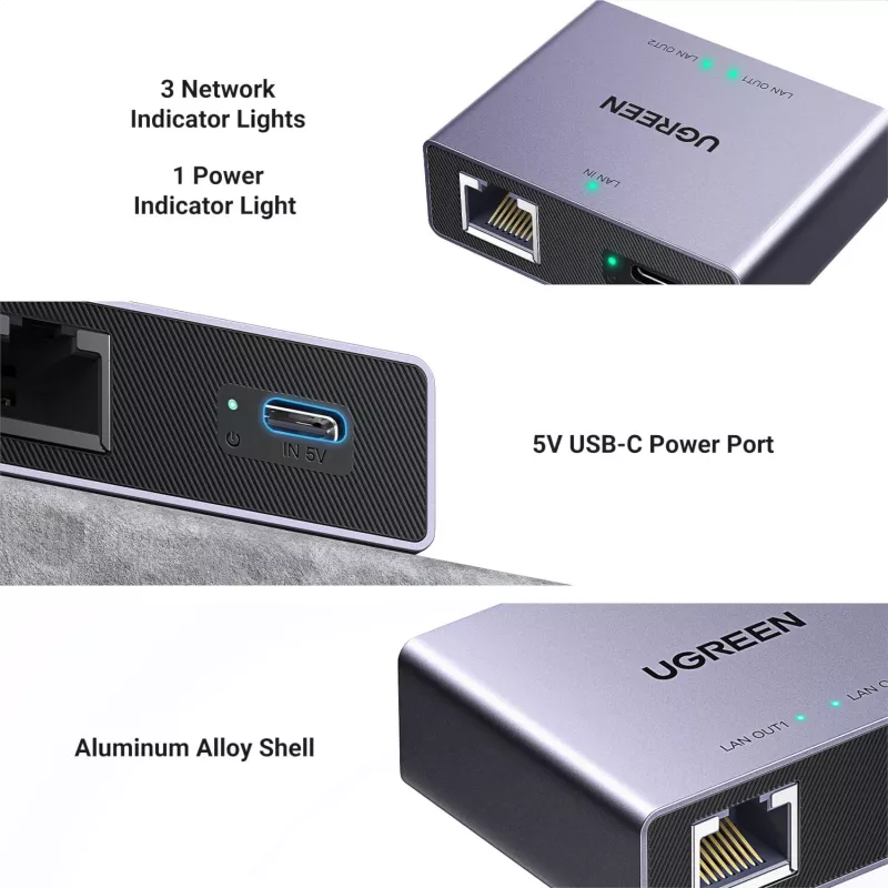 UGREEN NW301 1-to-2 Gigabit Ethernet -jakaja, 1000 Mbps, RJ45