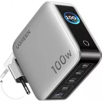 UGREEN 100W GaN Tech Nexode Pro 5-in-1 seinälaturi älykkäällä näytöllä ja kosketusohjauksella, 4x USB-C & 1x USB-A, harmaa 65620