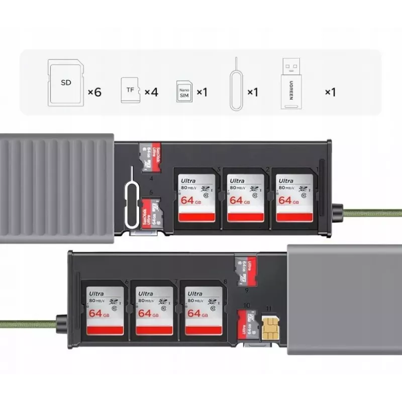 UGREEN 2-in-1 USB 3.0 SD/microSD -kortinlukija säilytyskotelolla, harmaa