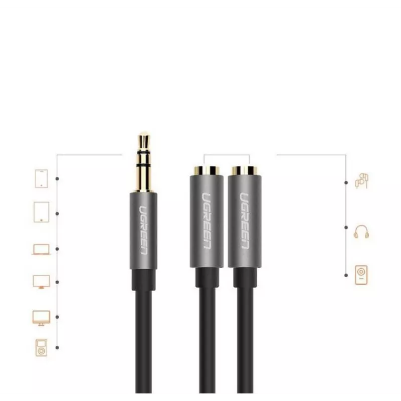 UGREEN 3.5mm Aux stereo audiosplitterikaapeli punottu 20cm musta