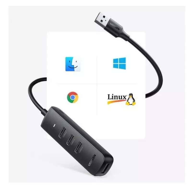 UGREEN 4-in-1 USB-keskitin 4x USB-A 3.0 PD DC 12V 0,25m musta (CM416 10915)