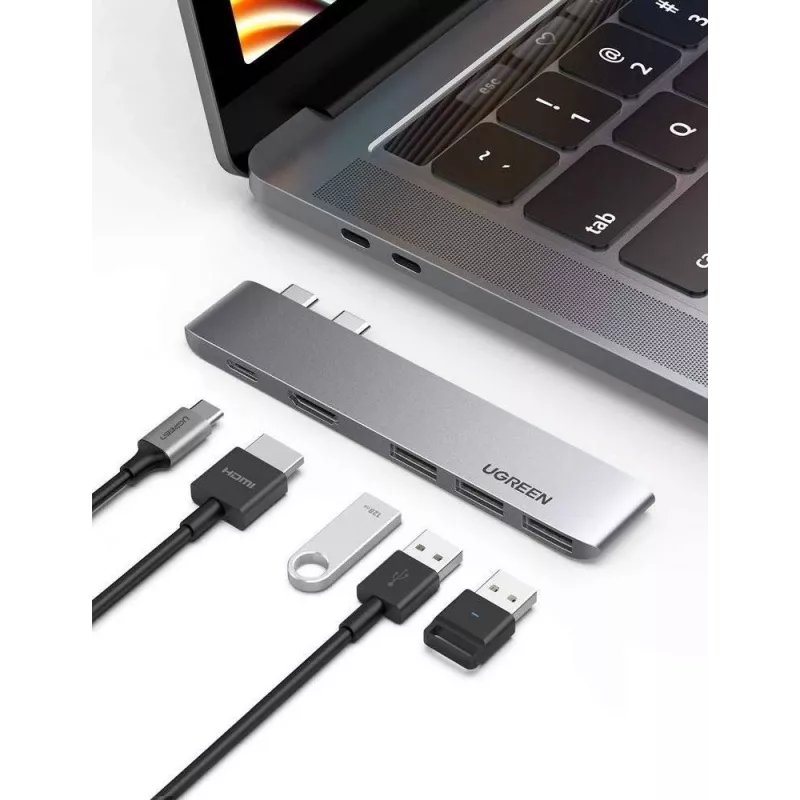 UGREEN 60559 5-in-2 USB-C-keskitin MacBook Pro/Airille, USB-C PD 100W, HDMI 4K, 3x USB 3.0