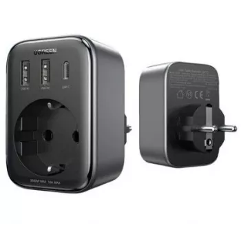 UGREEN CD314 30W GaN laturi 2 USB-A, 1 USB-C ja 1 AC-pistorasialla, EU-pistoke, musta