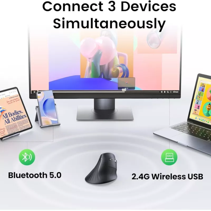 UGREEN monitilainen pystyhiiri Bluetooth ja 2.4G langaton – musta