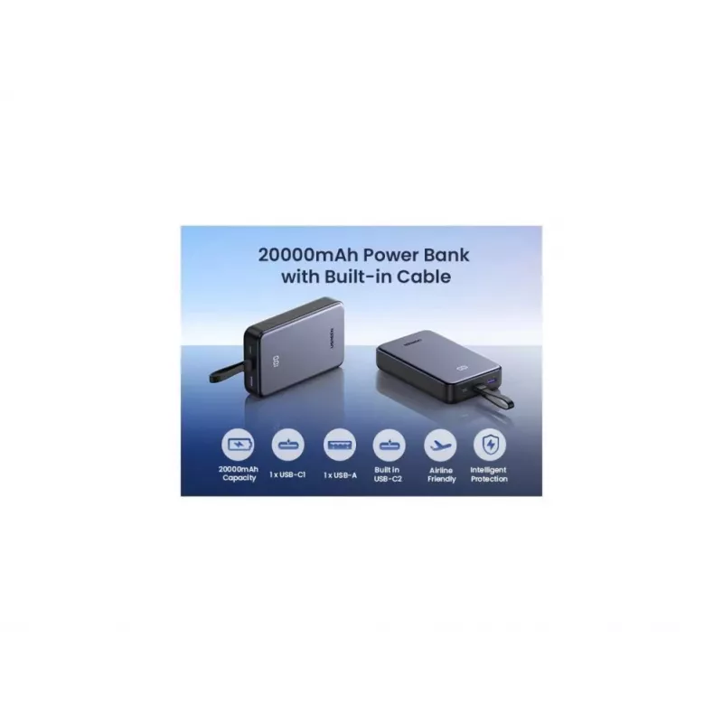 UGREEN varavirtalähde 20000mAh 20W 45762 sisäänrakennetulla kaapelilla harmaa