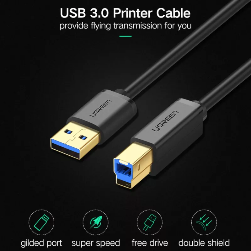 UGREEN US210 USB 3.0 A - B kaapeli, 2m, musta