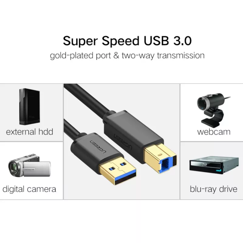 UGREEN US210 USB 3.0 A - B kaapeli, 2m, musta