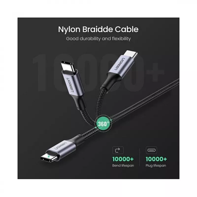 UGREEN USB-C - USB-C 100W punottu nailon-latauskaapeli 2 m musta