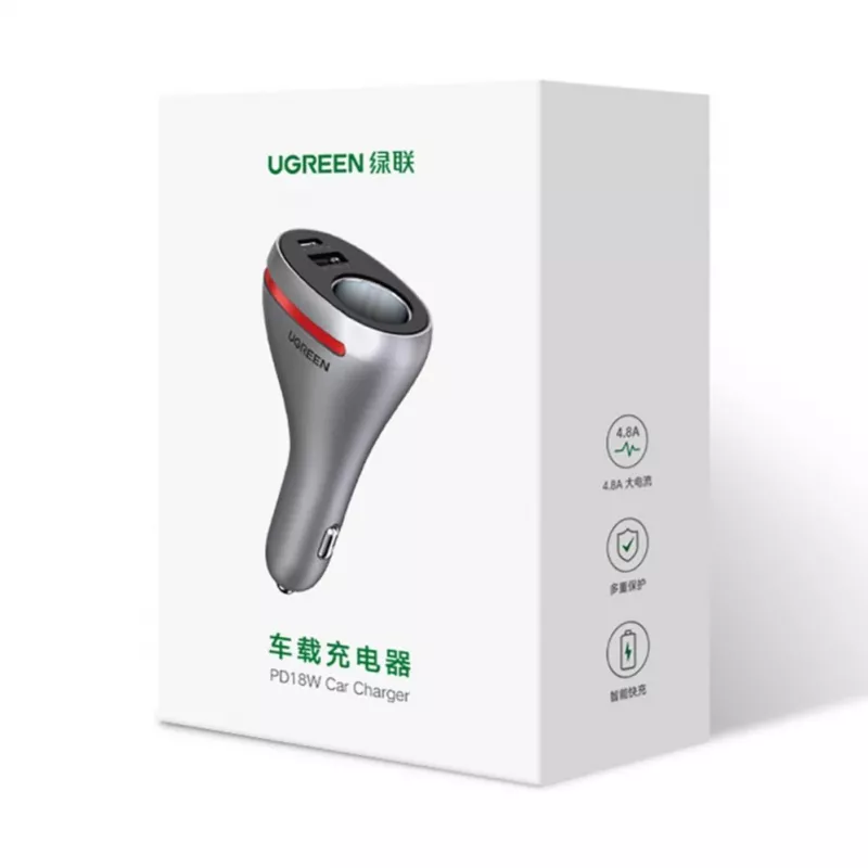UGREEN USB Type-C / USB QC PD 24W -autolaturi 12V savukesytytinliitännällä hopea (CD204)