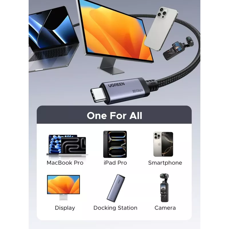 UGREEN USB4 USB-C - USB-C kaapeli 240W 40Gbps 16K@60Hz 80Gbps Thunderbolt 4 yhteensopiva 1m nylon punottu