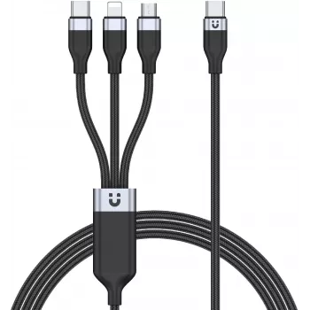 UNITEK 3-in-1 USB-A-Lightning, USB-C, Micro USB nylon-punottu latauskaapeli 1,5 m musta