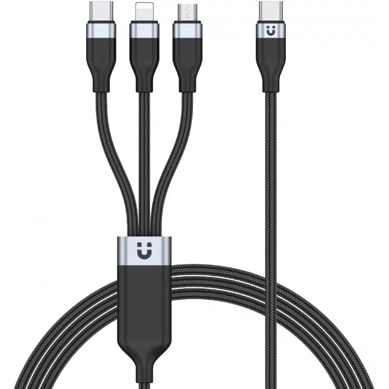 UNITEK 3-in-1 USB-A-Lightning, USB-C, Micro USB nylon-punottu latauskaapeli 1,5 m musta