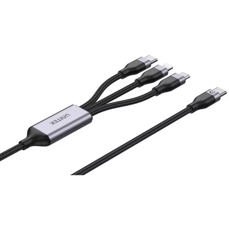UNITEK 3-in-1 USB-A-Lightning, USB-C, Micro USB nylon-punottu latauskaapeli 1,5 m musta