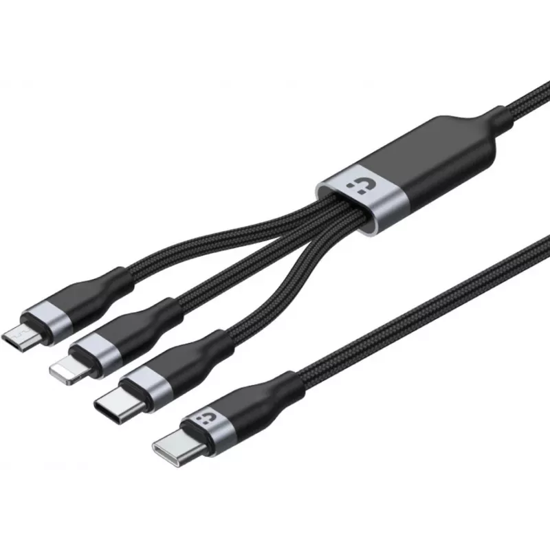 UNITEK 3-in-1 USB-A-Lightning, USB-C, Micro USB nylon-punottu latauskaapeli 1,5 m musta