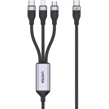 UNITEK 3-in-1 USB-A-Lightning, USB-C, Micro USB nylon-punottu latauskaapeli 1,5 m musta