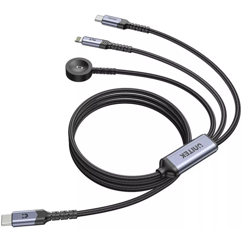 UNITEK 3-in-1 USB-C + Lightning + Apple Watch -latauskaapeli, 100W PD, 480 Mbps, 1,2 m, musta