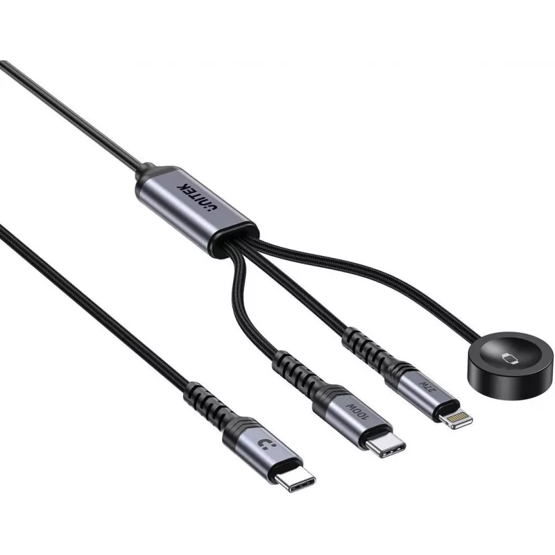 UNITEK 3-in-1 USB-C + Lightning + Apple Watch -latauskaapeli, 100W PD, 480 Mbps, 1,2 m, musta