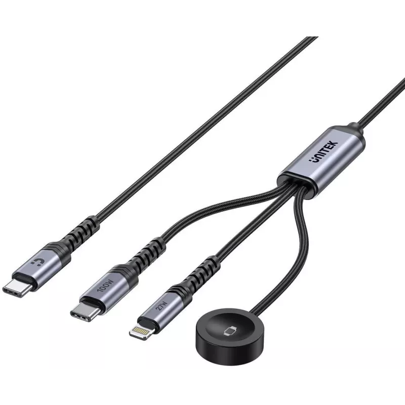 UNITEK 3-in-1 USB-C + Lightning + Apple Watch -latauskaapeli, 100W PD, 480 Mbps, 1,2 m, musta