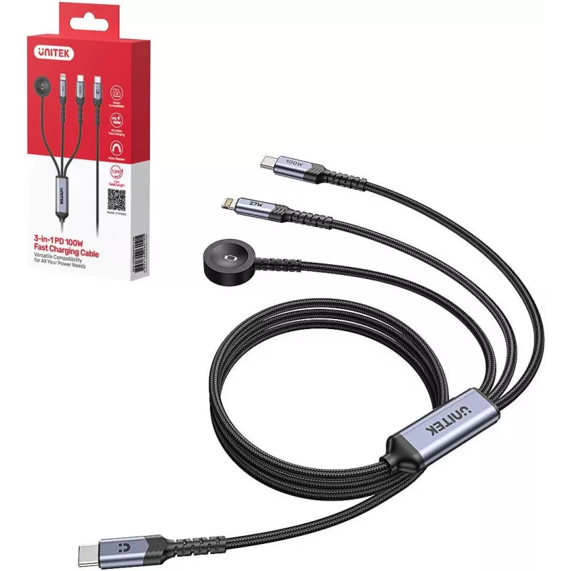 UNITEK 3-in-1 USB-C + Lightning + Apple Watch -latauskaapeli, 100W PD, 480 Mbps, 1,2 m, musta