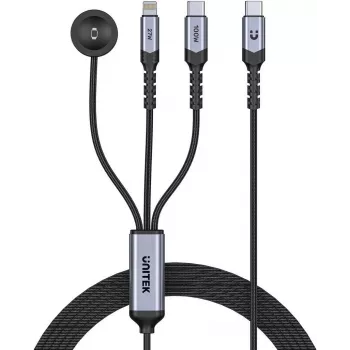 UNITEK 3-in-1 USB-C + Lightning + Apple Watch -latauskaapeli, 100W PD, 480 Mbps, 1,2 m, musta